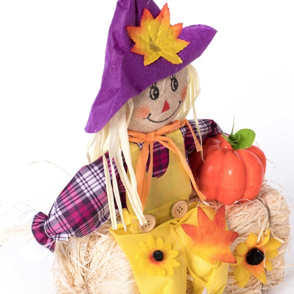 Gardenised Outdoor Fall Decor Halloween Scarecrow for Garden Ornament Sitting on Hay Bale, Straw Multicolor - QI004088