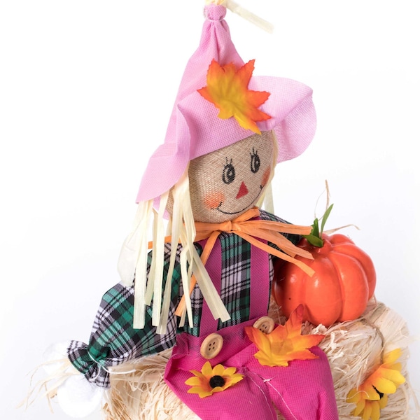 Gardenised Outdoor Fall Decor Halloween Scarecrow for Garden Ornament Sitting on Hay Bale, Straw Multicolor - QI004088