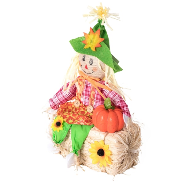 Gardenised Outdoor Fall Decor Halloween Scarecrow for Garden Ornament Sitting on Hay Bale, Straw Multicolor - QI004088