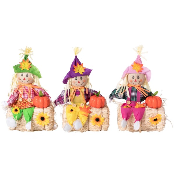 Gardenised Outdoor Fall Decor Halloween Scarecrow for Garden Ornament Sitting on Hay Bale, Straw Multicolor - QI004088