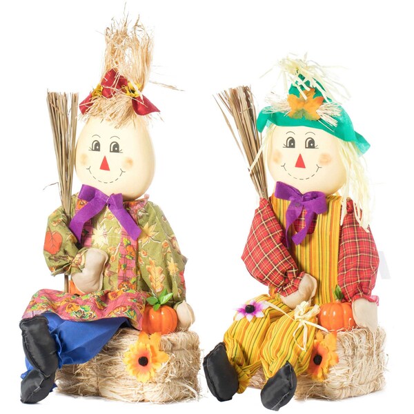 Gardenised Garden Scarecrows Sitting on Hay Bale, PK 2 - QI003719