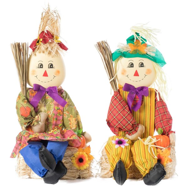 Gardenised Garden Scarecrows Sitting on Hay Bale, PK 2 - QI003719