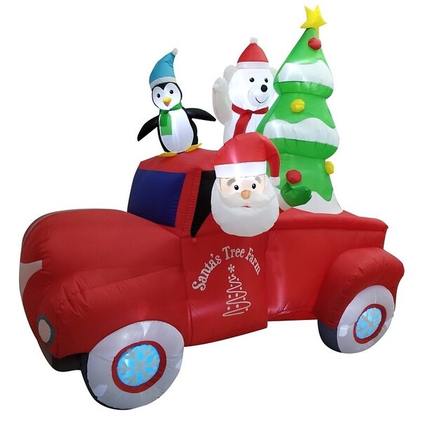 Hometown Holidays Truck Inflatable, 8 ft H, Green/Red, LED Bulb, Internal Light/Music: Internal Light - 90616
