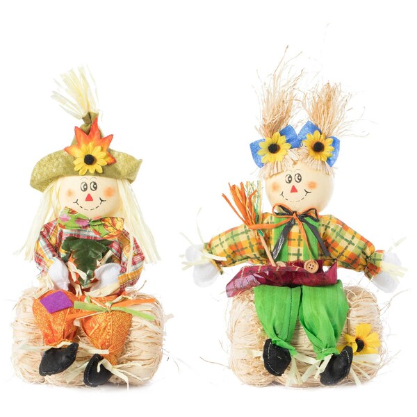 Gardenised Gardenised 13 Inch Boy and Girl Duo Scarecrow Elegantly Seated on a Rustic Hay Bales - QI003425