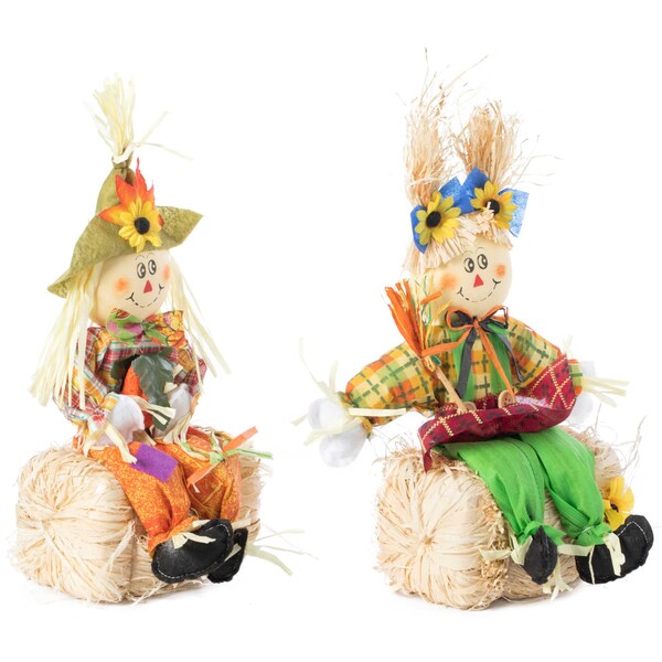 Gardenised Gardenised 13 Inch Boy and Girl Duo Scarecrow Elegantly Seated on a Rustic Hay Bales - QI003425