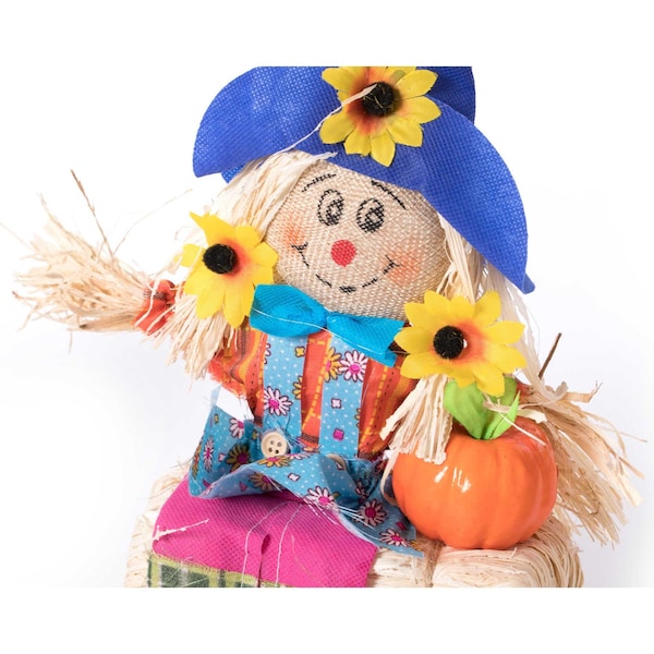 Gardenised Outdoor Fall Decor Halloween Scarecrow for Garden Ornament Sitting on Hay Bale, Straw Multicolor - QI004087