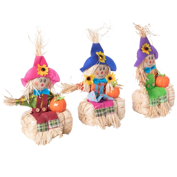 Gardenised Outdoor Fall Decor Halloween Scarecrow for Garden Ornament Sitting on Hay Bale, Straw Multicolor - QI004087