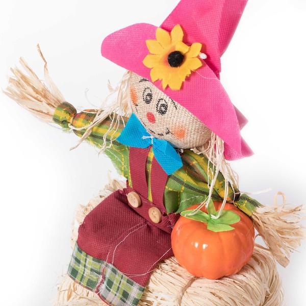 Gardenised Outdoor Fall Decor Halloween Scarecrow for Garden Ornament Sitting on Hay Bale, Straw Multicolor - QI004087
