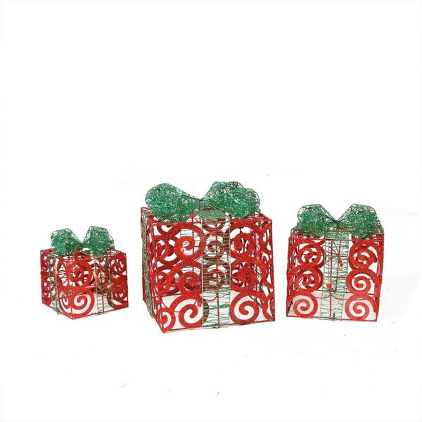 Go-Go Lighted Sparkling Red Swirl Glitter Gift Boxes Christmas Yard Art Decorations - Set of 3, 3PK - GO23552