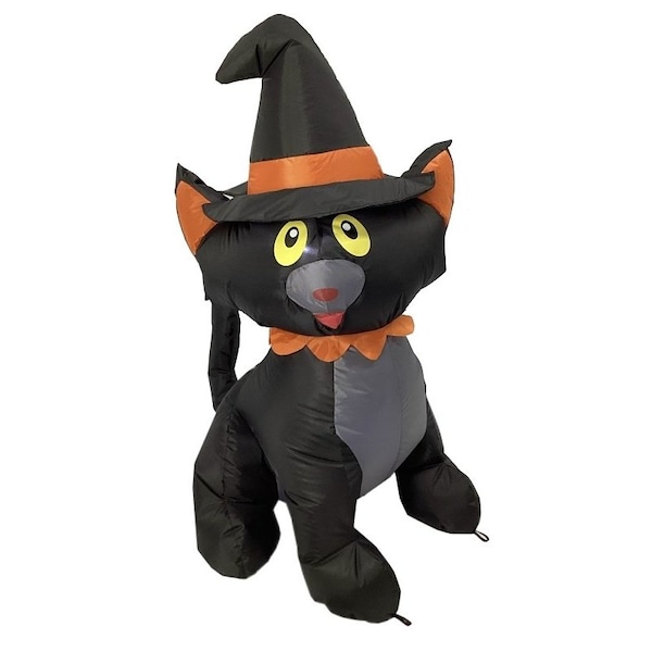 Santas Forest Inflatable Halloween Cat, 4 ft H, Polyvinyl, Black/White, Internal Light/Music: Internal Light - 90847
