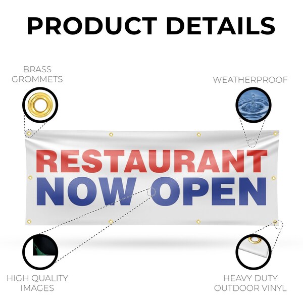 Signmission Restaurant Now Open, 36 Inch x 96 Inch, Vinyl Banner - B-96-30834