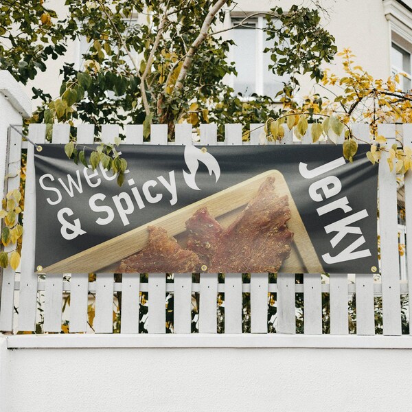 Signmission Sweet and Spicy Jerky, 24 Inch x 72 Inch, Vinyl Banner - B-72-30875