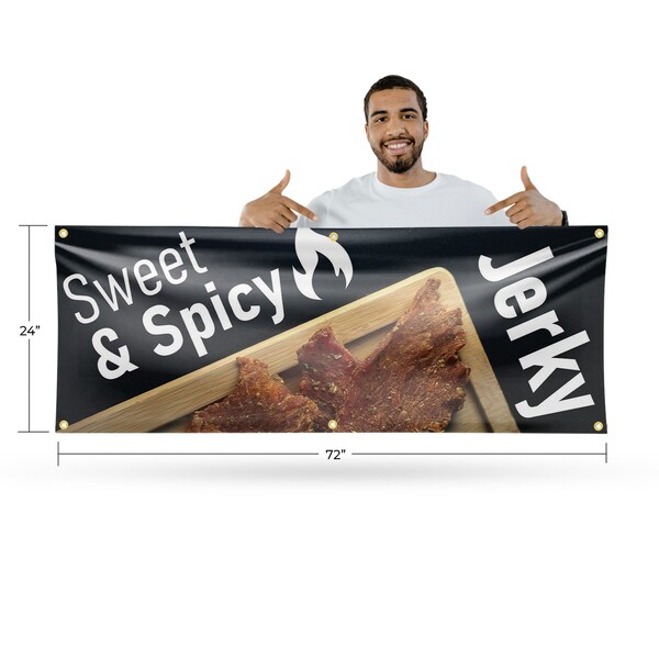 Signmission Sweet and Spicy Jerky, 24 Inch x 72 Inch, Vinyl Banner - B-72-30875