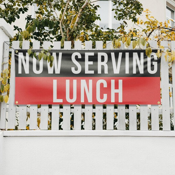 Signmission Now Serving Lunch, 18 Inch x 48 Inch, Vinyl Banner - B-30765