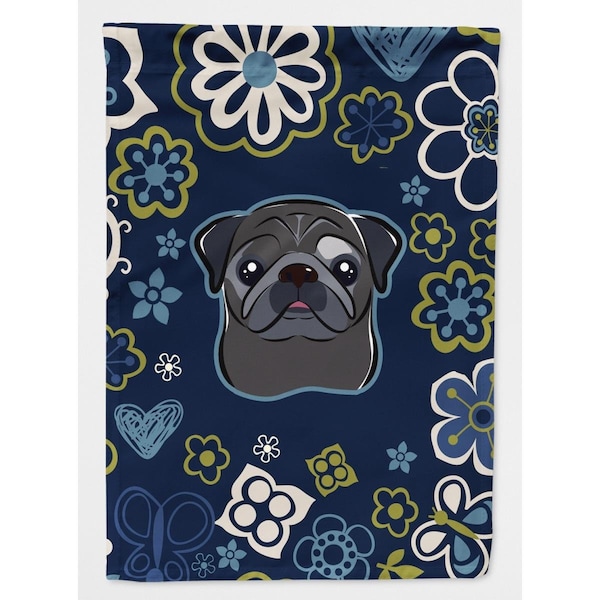 Carolines Treasures Blue Flowers Black Pug Garden Size Flag - BB5114GF