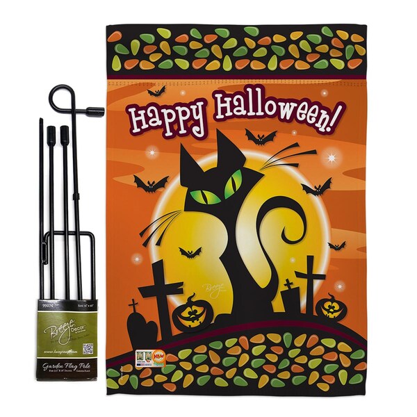 Gardencontrol 13 x 18.5 in. Halloween Black Cat Fall Vertical Double Sided Mini Garden Flag Set with Banner Pole - GA4106929