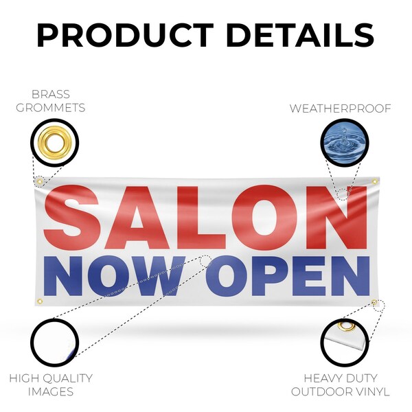 Signmission Salon Now Open, 18 Inch x 48 Inch, Vinyl Banner - B-30848