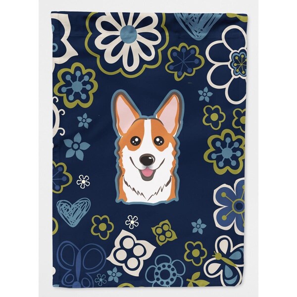 Carolines Treasures Blue Flowers Red Corgi Garden Size Flag - BB5105GF