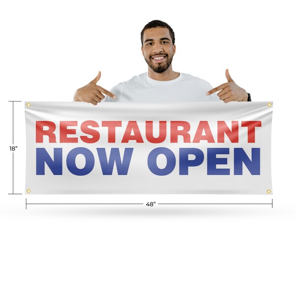 Signmission Restaurant Now Open, 18 Inch x 48 Inch, Vinyl Banner - B-30834