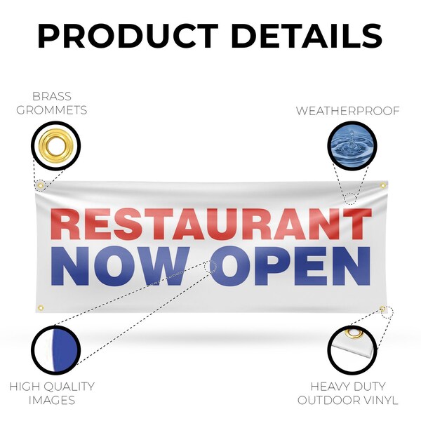 Signmission Restaurant Now Open, 18 Inch x 48 Inch, Vinyl Banner - B-30834