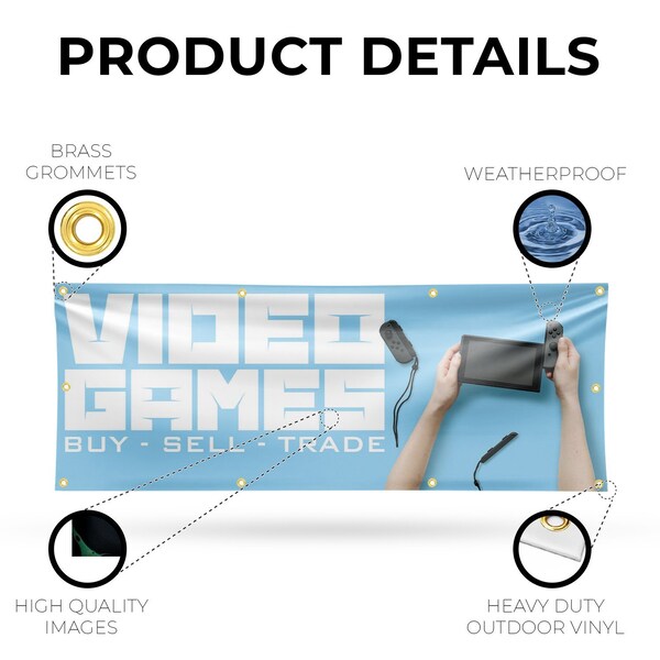 Signmission Video Games Buy Sell Trade, 36 Inch x 96 Inch, Vinyl Banner - B-96-30916
