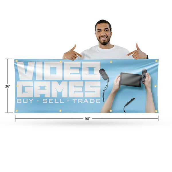 Signmission Video Games Buy Sell Trade, 36 Inch x 96 Inch, Vinyl Banner - B-96-30916