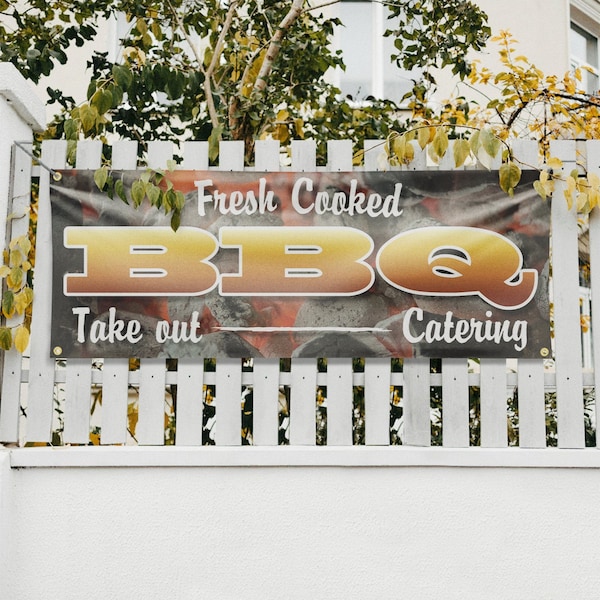 Signmission Fresh Cooked BBQ Take Out Catering, 18 Inch x 48 Inch, Vinyl Banner - B-30654