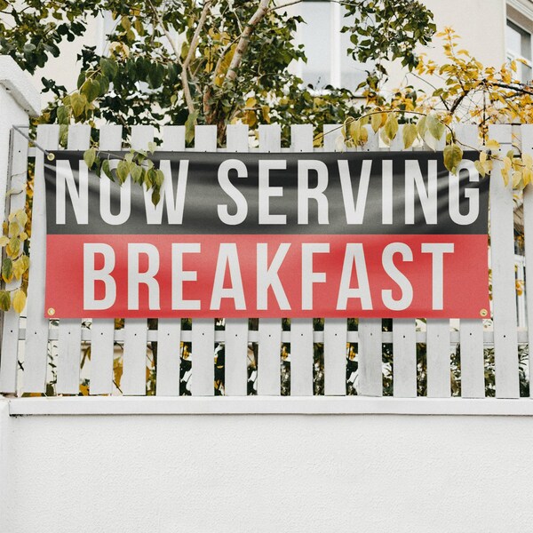 Signmission Now Serving Breakfast, 18 Inch x 48 Inch, Vinyl Banner - B-30764