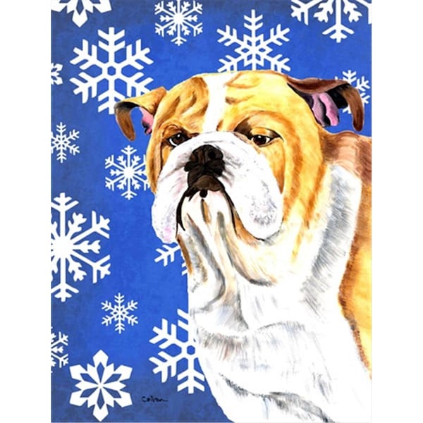 Patioplus 11 x 15 in. Bulldog English Winter Snowflakes Holiday Garden Size Flag - PA730418