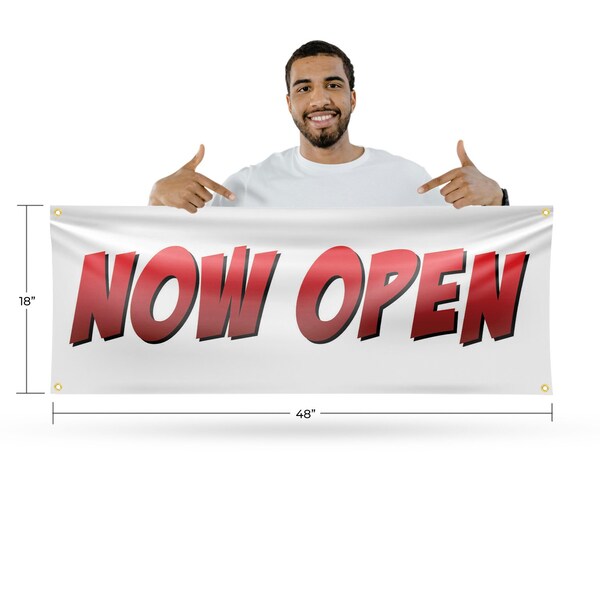 Signmission Now Open, 18 Inch x 48 Inch, Vinyl Banner - B-30763