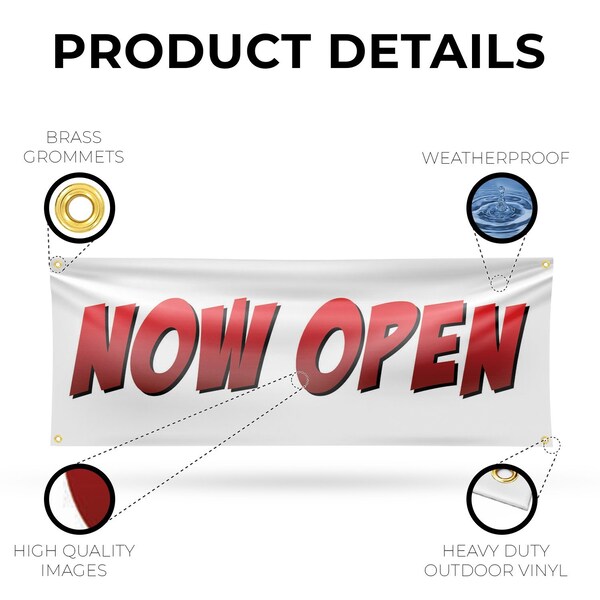 Signmission Now Open, 18 Inch x 48 Inch, Vinyl Banner - B-30763
