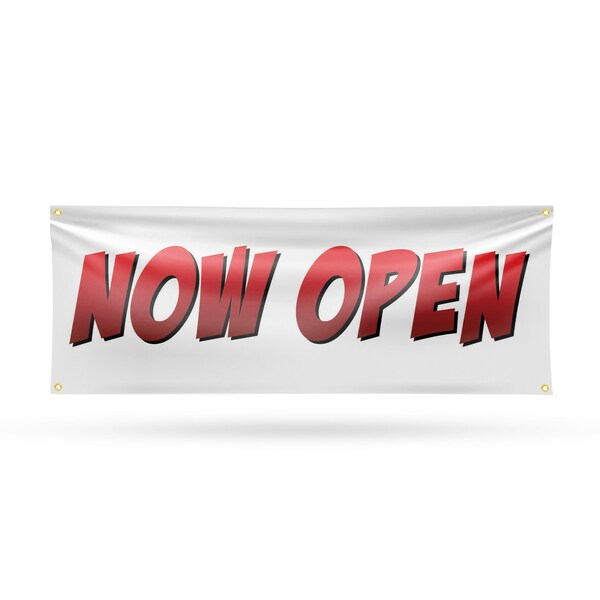 Signmission Now Open, 18 Inch x 48 Inch, Vinyl Banner - B-30763