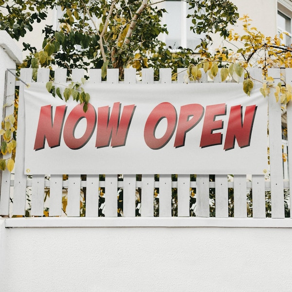 Signmission Now Open, 18 Inch x 48 Inch, Vinyl Banner - B-30763