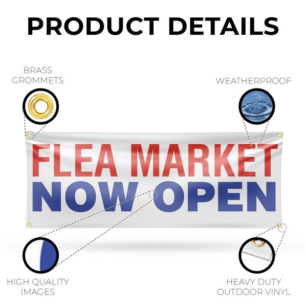 Signmission Flea Market Now Open, 18 Inch x 48 Inch, Vinyl Banner - B-30635