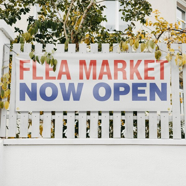 Signmission Flea Market Now Open, 18 Inch x 48 Inch, Vinyl Banner - B-30635