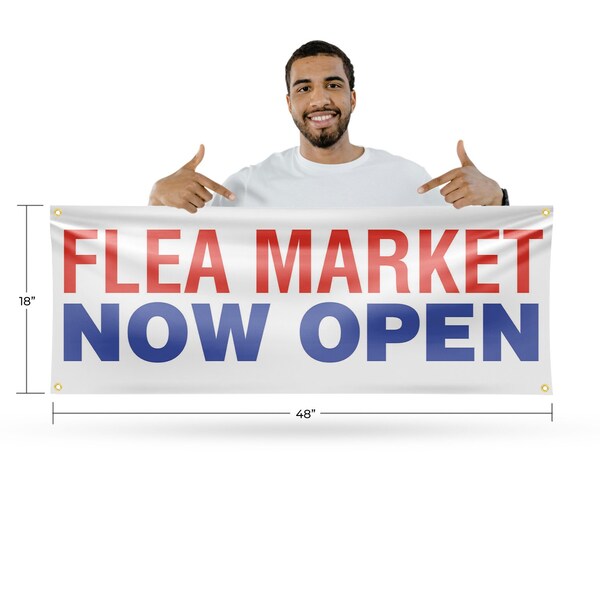 Signmission Flea Market Now Open, 18 Inch x 48 Inch, Vinyl Banner - B-30635