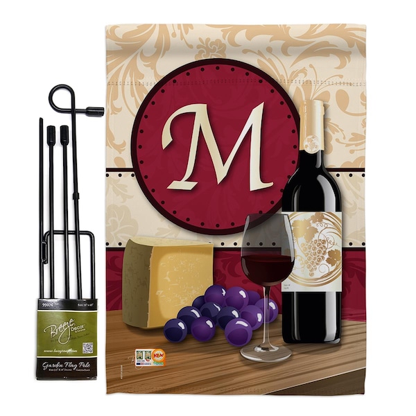 Gardencontrol 13 x 18.5 in. Wine M Initial Happy Hour & Drinks Vertical Dbl Sided Garden Flag Set w/Banner Pole - GA4100030