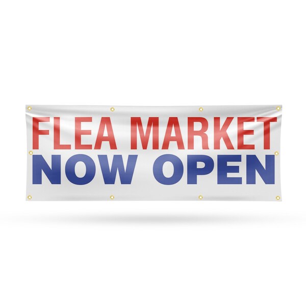Signmission Flea Market Now Open, 36 Inch x 96 Inch, Vinyl Banner - B-96-30635