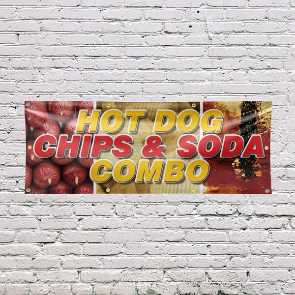 Signmission Hot Dogs Chips And Soda Combo, 36 Inch x 96 Inch, Vinyl Banner - B-96-30699