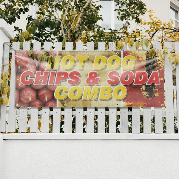 Signmission Hot Dogs Chips And Soda Combo, 36 Inch x 96 Inch, Vinyl Banner - B-96-30699
