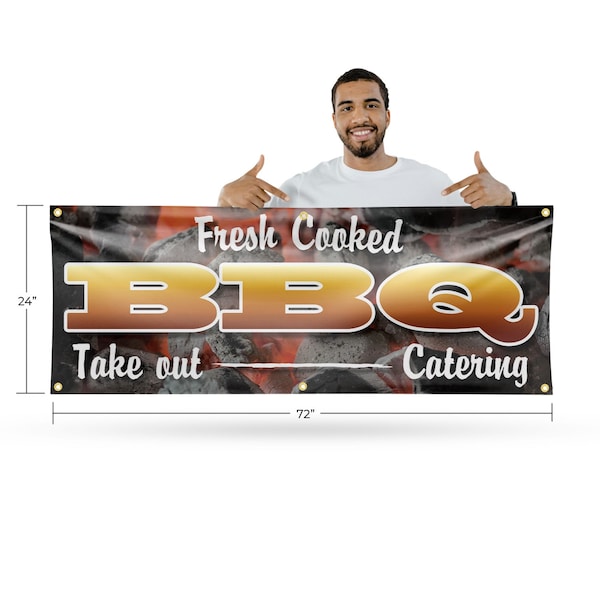 Signmission Fresh Cooked BBQ Take Out Catering, 24 Inch x 72 Inch, Vinyl Banner - B-72-30654