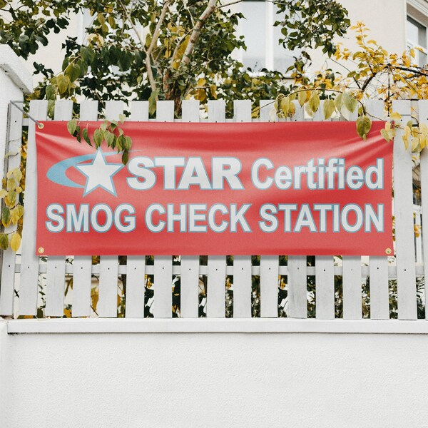 Signmission Star Certified Smog Check Station, 18 Inch x 48 Inch, Vinyl Banner - B-30865