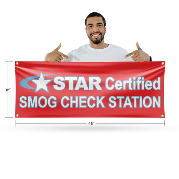 Signmission Star Certified Smog Check Station, 18 Inch x 48 Inch, Vinyl Banner - B-30865