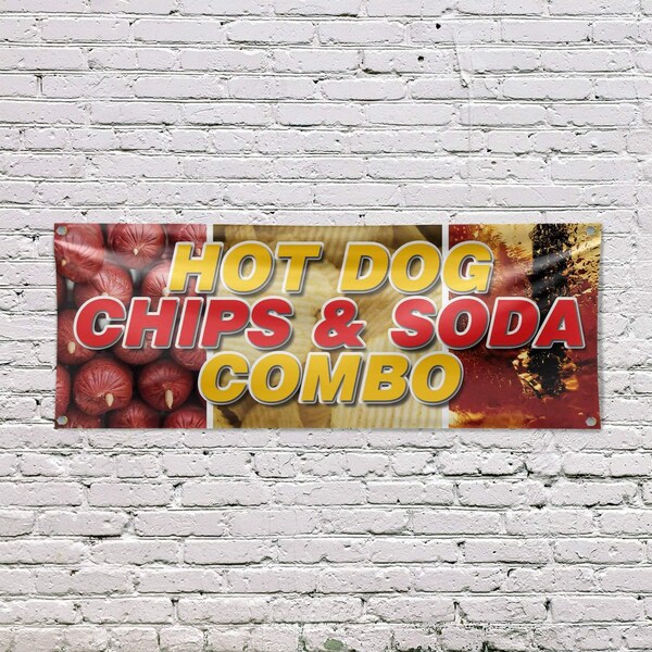 Signmission Hot Dogs Chips And Soda Combo, 18 Inch x 48 Inch, Vinyl Banner - B-30699