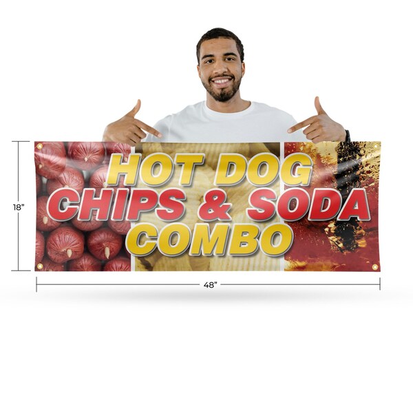 Signmission Hot Dogs Chips And Soda Combo, 18 Inch x 48 Inch, Vinyl Banner - B-30699