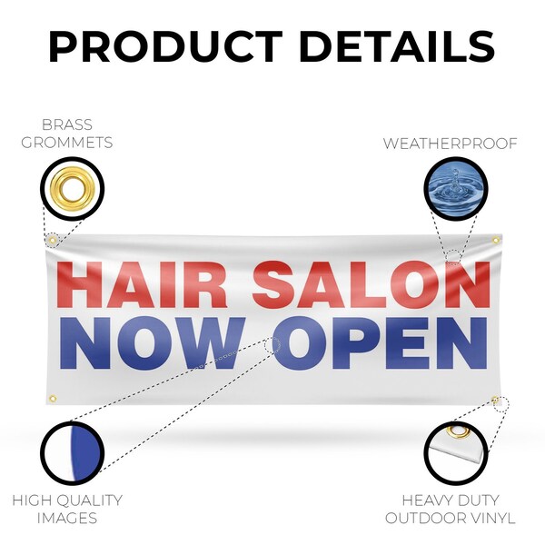 Signmission Hair Salon Now Open, 18 Inch x 48 Inch, Vinyl Banner - B-30689