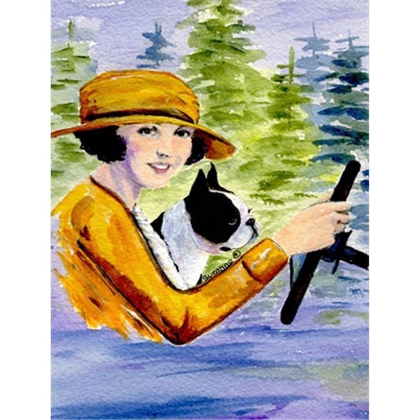 Patioplus Woman driving with her Boston Terrier Canvas Flag - House Size; 28 x 40 in. - PA719341