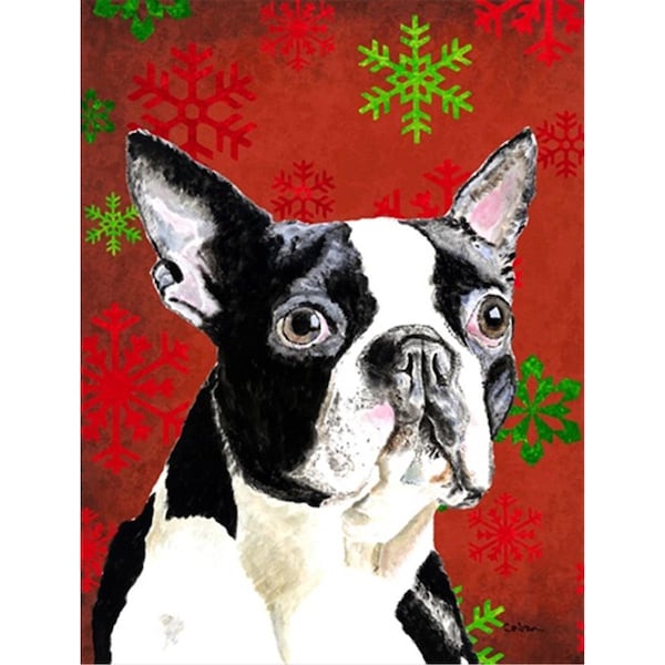 Patioplus 11 x 15 in. Boston Terrier Red Green Snowflakes Christmas Garden Size Flag - PA55214
