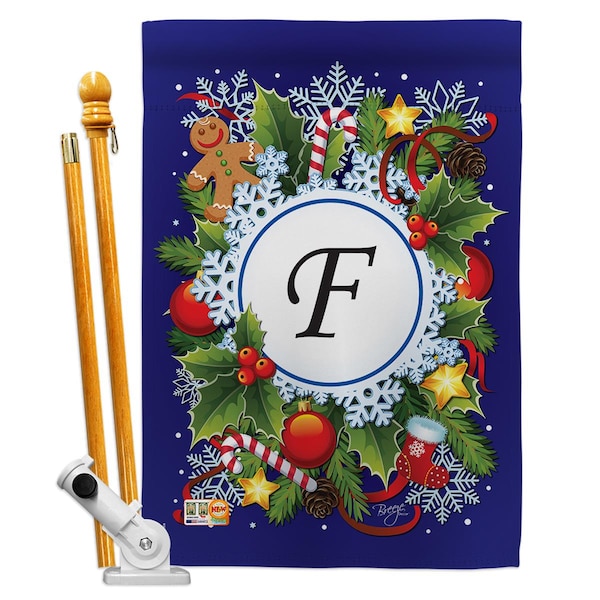 Gardencontrol 28 x 40 in. Winter F Initial Wonderland Vertical Dbl Sided House Flag Set w/Pole Bracket Hardware - GA4137133