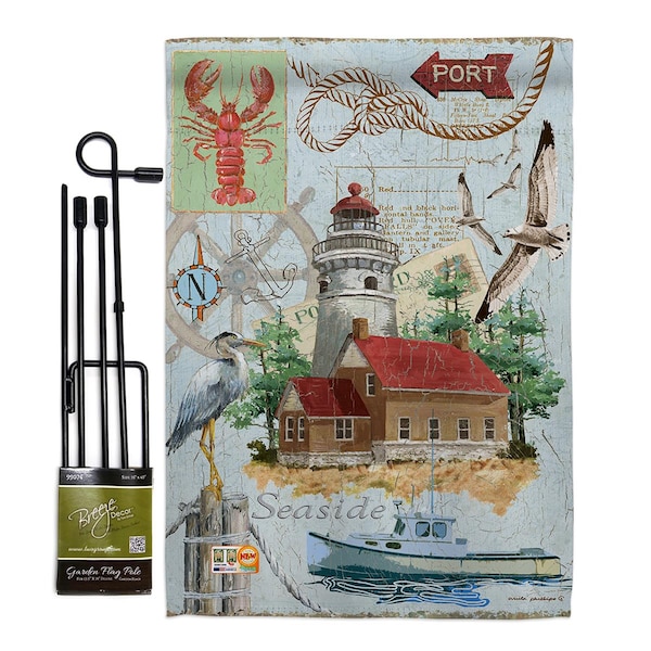 Gardencontrol 13 x 18.5 in. Seaside Lighthouse Coastal Nautical Vertical Dbl Sided Garden Flag Set w/Banner Pole - GA4110617